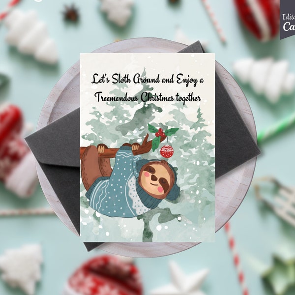 Sloth Christmas Card , Cute Animal Card, Animal Holiday Card, Printable Card Seasons Greetings Card, Christmas Card DIY Instant Download