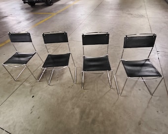 Vintage Esszimmerstühle von Giandomenico Belotti aus den 1970er/1980er Jahren in schwarzem Chromleder