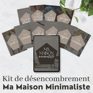 Może przedstawiać: Cyfrowy przewodnik zatytułowany "Ma Maison Minimaliste" z brązowym pięciokątem i tekstem "Minimalift Home" w kolorze białym. Przewodnik otoczony jest 10 mniejszymi kartami, z których każda zawiera inną nazwę pokoju po francusku, np. "La Chambre" i "Le Séjour".