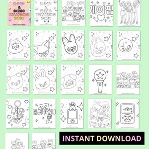 Peut inclure: Une collection de livres de coloriage K-Pop et SKZOO, pr&eacute;sentant divers personnages et motifs de dessins anim&eacute;s. Les couvertures affichent le texte "K-POP & SKZOO COLOURING BOOK". L'image comprend &eacute;galement le texte "INSTANT DOWNLOAD".