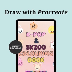 Peut inclure: Une tablette num&eacute;rique affiche la couverture d'un livre de coloriage K-Pop et SKZOO. La couverture pr&eacute;sente des personnages d'animaux de dessins anim&eacute;s et le texte "K-POP & SKZOO COLOURING BOOK". Un cercle noir avec "T&Eacute;L&Eacute;CHARGEMENT INSTANTAN&Eacute;" est en bas &agrave; gauche.