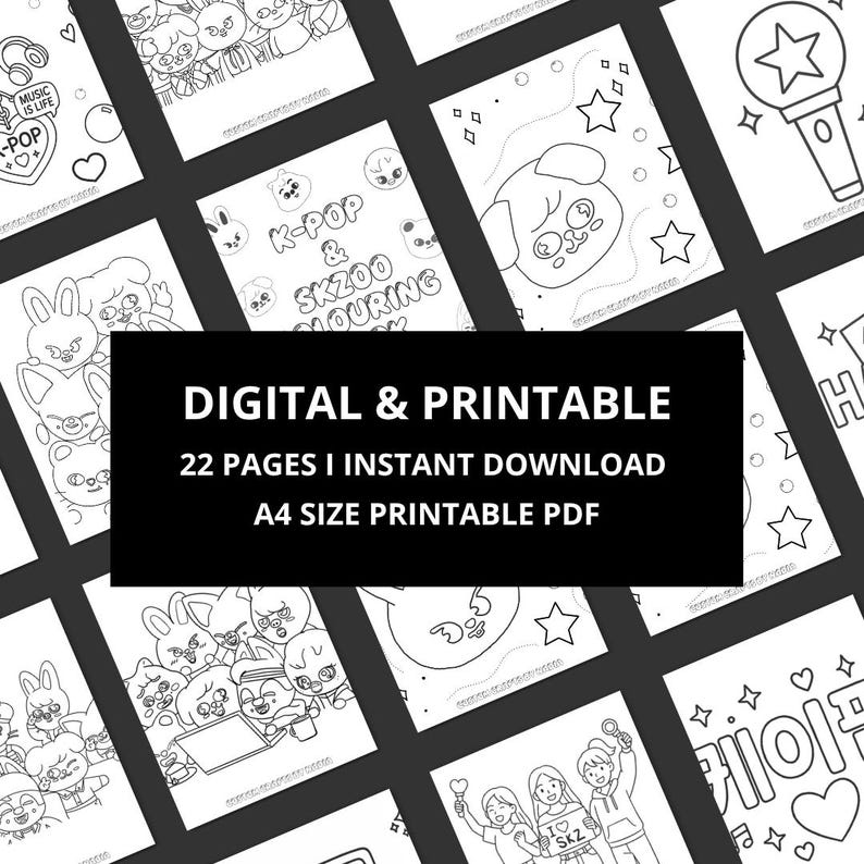 Peut inclure: Ensemble de pages &agrave; colorier imprimables en noir et blanc sur le th&egrave;me de la K-Pop. Les pages comprennent des images de personnages de dessins anim&eacute;s, des notes de musique et le texte "K-POP & SKZOO COLOURING". Le texte "DIGITAL & PRINTABLE" est &eacute;galement visible.