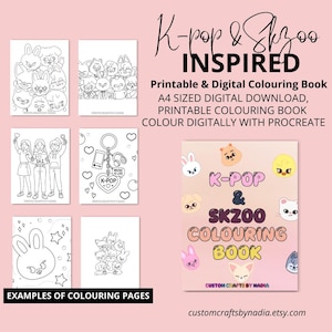 Puede incluir: Un fondo rosa presenta un libro para colorear inspirado en K-pop & SKZOO con ejemplos de páginas para colorear. La portada del libro tiene ilustraciones de personajes de dibujos animados y el texto "K-POP & SKZOO COLOURING BOOK". El texto "Printable & Digital Colouring Book" también es visible.