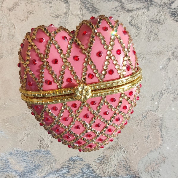 Pink Jeweled Heart Trinket Ring Pill Box, Ceramic & Metal with Swarovski Crystals, Hinged, Bling, Valentines Day Gift