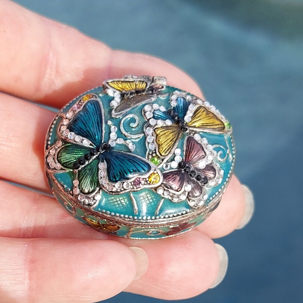 Monet Butterfly Trinket Ring Pill Box, Ceramic & Metal with Swarovski Crystals, Hinged, Bling