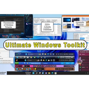 Puede incluir: Un collage digital que muestra la interfaz de Ultimate Windows Toolkit, con múltiples ventanas de software, menús de ajustes del sistema, temas dinámicos, utilidades de administración, controles de volumen personalizados y opciones de personalización de la barra de tareas.