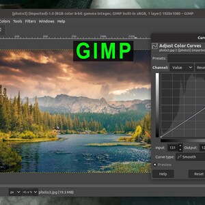 May include: The GIMP software interface displays a landscape photograph of a lake surrounded by pine trees and mountains under a cloudy sky. A floating Adjust Color Curves dialog box with a histogram and diagonal line is positioned on the right.