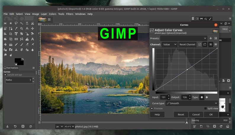May include: The GIMP software interface displays a landscape photograph of a lake surrounded by pine trees and mountains under a cloudy sky. A floating Adjust Color Curves dialog box with a histogram and diagonal line is positioned on the right.