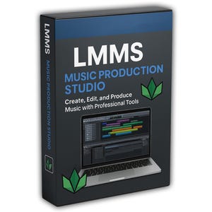 Może przedstawiać: Prostokątne pudełko z oprogramowaniem LMMS Music Production Studio. Ciemnoszare pudełko zawiera tekst LMMS MUSIC PRODUCTION STUDIO, Create, Edit, and Produce Music with Professional Tools, grafikę laptopa oraz zieloną ikonę logo w kształcie liścia.