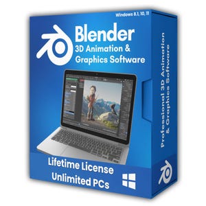 May include: A blue software box for Blender 3D Animation & Graphics Software, compatible with Windows 8.1, 10, 11. The box features a laptop displaying a 3D character scene, with text stating Lifetime License and Unlimited PCs on the front.