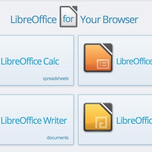 May include: A graphic display titled LibreOffice for Your Browser featuring four rectangular boxes. Each box contains a colored icon and text: green for LibreOffice Calc spreadsheets, orange for LibreOffice Impress presentations, blue for LibreOffice Writer documents, and yellow for LibreOffice Draw drawings.
