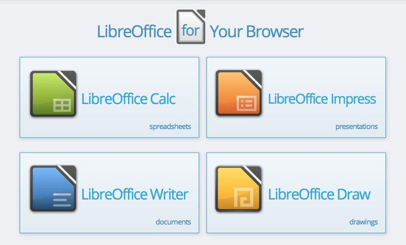 May include: A graphic display titled LibreOffice for Your Browser featuring four rectangular boxes. Each box contains a colored icon and text: green for LibreOffice Calc spreadsheets, orange for LibreOffice Impress presentations, blue for LibreOffice Writer documents, and yellow for LibreOffice Draw drawings.