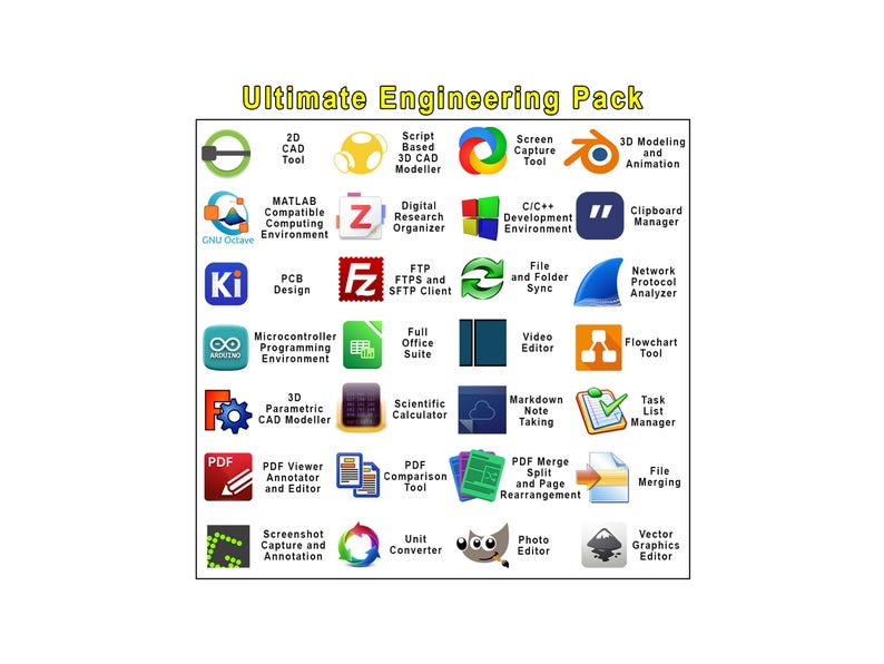 May include: A grid of software icons titled Ultimate Engineering Pack, featuring various colorful logos for tools including 2D CAD, 3D modeling, screen capture, PCB design, file management, video editing, and scientific calculation software.