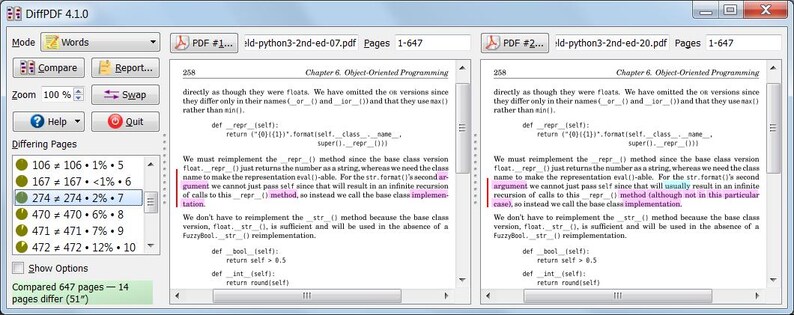 May include: A software interface titled DiffPDF 4.1.0 displaying two side-by-side PDF documents for comparison. The left panel shows text with highlighted differences, while the right panel shows the same text with additional highlighted modifications.