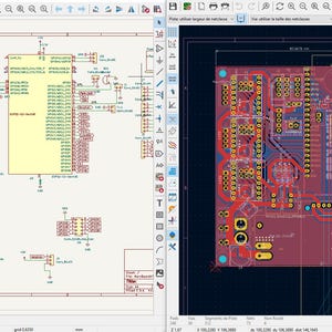 May include: A split-screen digital interface displaying a schematic diagram on the left with electronic components and connections, and a printed circuit board layout on the right featuring red copper traces, yellow pads, and blue board outlines.