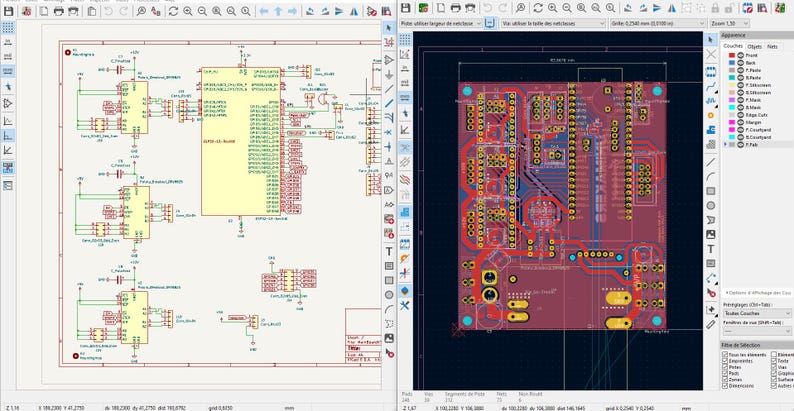May include: A split-screen digital interface displaying a schematic diagram on the left with electronic components and connections, and a printed circuit board layout on the right featuring red copper traces, yellow pads, and blue board outlines.