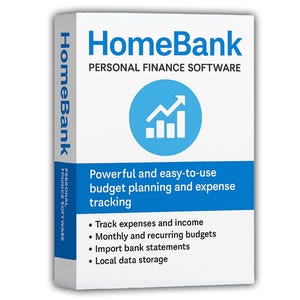 May include: A white software box for HomeBank Personal Finance Software featuring blue text and a blue circular icon with a white upward trending bar graph. The box lists features including expense tracking, budget planning, and bank statement imports.