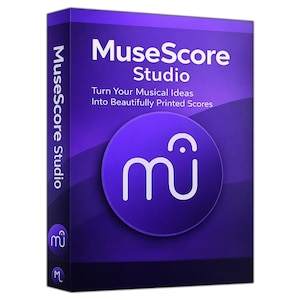 Op de afbeelding: Een paarse softwaredoos voor MuseScore Studio met de witte tekst MuseScore Studio en de slogan Turn Your Musical Ideas Into Beautifully Printed Scores. Een grote paarse cirkel met een wit mu-logo is gecentreerd op het voorpaneel.