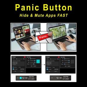 May include: A software tool titled Panic Button Hide & Mute Apps FAST, featuring a red button labelled Panic. The interface displays configuration settings for hotkeys, application lists, colour pickers, and taskbar icons for managing active windows.