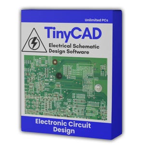 Puede incluir: Una caja de software azul para el programa de diseño de esquemas eléctricos TinyCAD. El frente presenta un panel blanco con un gráfico de placa de circuito impreso verde, un icono de rayo en un triángulo y el texto TinyCAD, Unlimited PCs y Electronic Circuit Design.