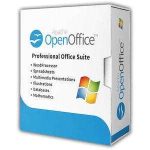 May include: A white software box for Apache OpenOffice Professional Office Suite. The front features the blue logo, text listing WordProcessor, Spreadsheets, Multimedia Presentations, Illustrations, Databases, and Mathematics, and a colorful icon.