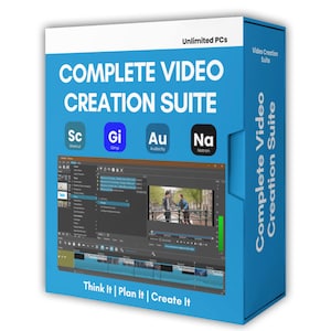 Pode incluir: Uma caixa de software azul rotulada como Complete Video Creation Suite para Unlimited PCs. A frente exibe ícones para Sc, Gi, Au e Na, uma captura de tela da interface de edição de vídeo e o texto Think It | Plan It | Create It.