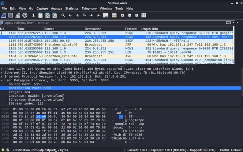 May include: A Wireshark network protocol analyzer interface displaying a packet capture list with columns for No., Time, Source, Destination, Protocol, Length, and Info, alongside a detailed packet dissection pane showing hexadecimal data.