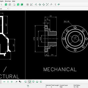 May include: A computer software interface displaying two technical drawing projects on a black background. The left side shows a floor plan labeled CIVIL / ARCHITECTURAL with dimensions in feet. The right side shows a mechanical part labeled MECHANICAL.