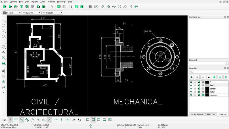 May include: A computer software interface displaying two technical drawing projects on a black background. The left side shows a floor plan labeled CIVIL / ARCHITECTURAL with dimensions in feet. The right side shows a mechanical part labeled MECHANICAL.