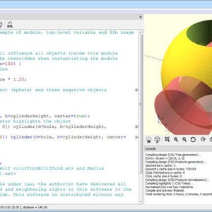 May include: A screenshot of the OpenSCAD software interface displaying code in the left panel and a 3D model of a yellow sphere with three intersecting cylindrical cutouts in the right panel, featuring text like logo.scad and module Logo.