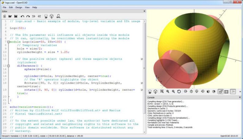 May include: A screenshot of the OpenSCAD software interface displaying code in the left panel and a 3D model of a yellow sphere with three intersecting cylindrical cutouts in the right panel, featuring text like logo.scad and module Logo.
