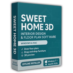 Op de afbeelding: Een blauwgroene softwaredoos voor Sweet Home 3D interieurontwerp en plattegrondsoftware. De doos bevat witte tekst, iconen voor het tekenen van plattegronden, meubels slepen en neerzetten, en 3D-voorbeeld voor Windows en Mac-systemen.
