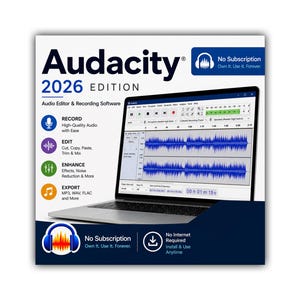 Puede incluir: Una caja de software para Audacity 2026 Edition, editor de audio y software de grabación. El diseño muestra un portátil con una interfaz de forma de onda de audio, con texto que destaca funciones como grabar, editar, mejorar y exportar.