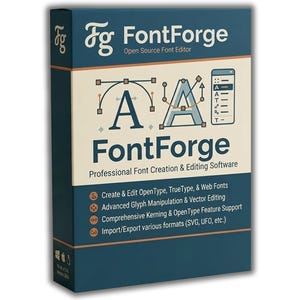 May include: A rectangular software box for FontForge, an open source font editor. The blue and cream packaging features the FontForge logo, letter A graphics with vector nodes, and text detailing professional font creation and editing software.