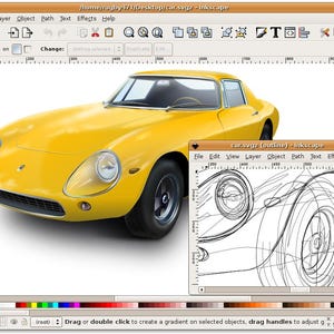 May include: A digital illustration of a yellow sports car displayed within the Inkscape software interface. The main window shows a rendered yellow car, while a smaller overlay window displays the corresponding black and white line art outline.