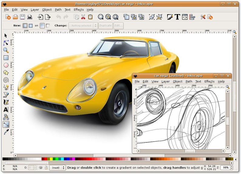 May include: A digital illustration of a yellow sports car displayed within the Inkscape software interface. The main window shows a rendered yellow car, while a smaller overlay window displays the corresponding black and white line art outline.