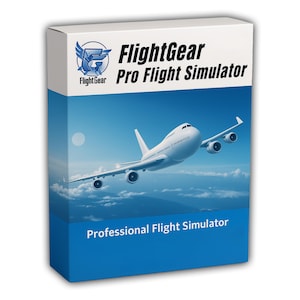 May include: A rectangular software box for FlightGear Pro Flight Simulator. The top section is white with the FlightGear logo and text. The main body is blue, featuring a white passenger airplane flying above clouds and the text Professional Flight Simulator.