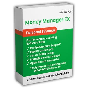 May include: A white and green software box for Money Manager EX personal finance suite. The box features text including Unlimited PCs, Full Personal Accounting Software Suite, Multiple Account Support, Reports and Graphs, Secure Data Storage, Portable Version Included, Open-Source Alternative, and Lifetime License and No Subscriptions.