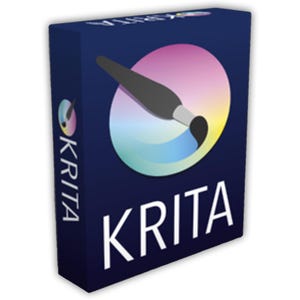 May include: A rectangular dark blue box featuring the white text KRITA and a circular logo with a gradient background and a black paintbrush icon. The side panel also displays the word KRITA in white text alongside a smaller version of the logo.