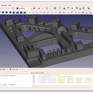 May include: A computer screen displaying the FreeCAD software interface with a 3D model of a grey mechanical part featuring various geometric shapes, cutouts, and the text V.1.1 engraved on the surface, alongside a property panel and console.