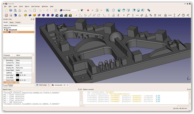May include: A computer screen displaying the FreeCAD software interface with a 3D model of a grey mechanical part featuring various geometric shapes, cutouts, and the text V.1.1 engraved on the surface, alongside a property panel and console.