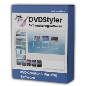 Op de afbeelding: Een blauwe softwaredoos voor DVDStyler DVD-authoringsoftware. De voorzijde toont de productnaam, de tekst Unlimited PCs en DVD Creator & Burning Software. Een screenshot toont de software-interface met verschillende miniaturen.