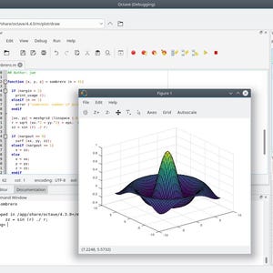 May include: A computer screen displaying the GNU Octave software interface with a code editor, command window, workspace, and a central pop-up window showing a colorful 3D surface plot of a mathematical function with a central peak and ripples.