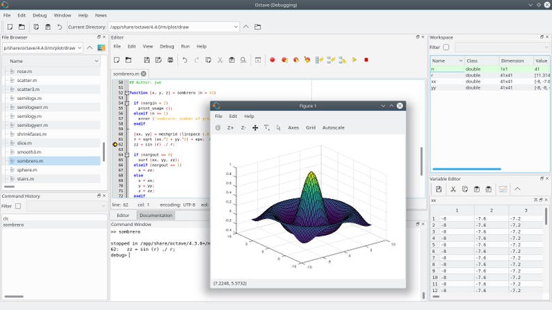 May include: A computer screen displaying the GNU Octave software interface with a code editor, command window, workspace, and a central pop-up window showing a colorful 3D surface plot of a mathematical function with a central peak and ripples.