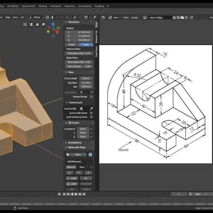 May include: A 3D modeling software interface displaying a geometric object with an orange wireframe mesh alongside a technical engineering drawing. The drawing features black lines on a white background with various metric dimensions labeled in millimeters.