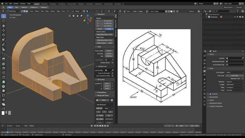 May include: A 3D modeling software interface displaying a geometric object with an orange wireframe mesh alongside a technical engineering drawing. The drawing features black lines on a white background with various metric dimensions labeled in millimeters.