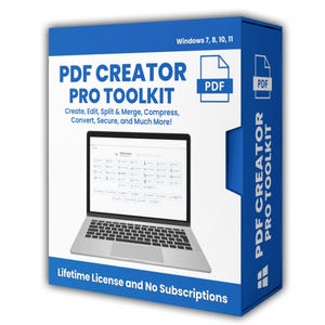 Könnte beinhalten: Eine blau-weiße Software-Box für PDF Creator Pro Toolkit. Die Vorderseite zeigt den Produktnamen, eine Laptop-Grafik und den Text Windows 7, 8, 10, 11 sowie Lifetime License and No Subscriptions. Die Seite wiederholt den Produkttitel.