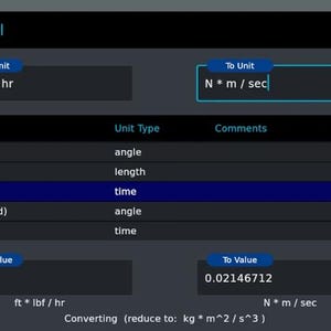 May include: A digital interface for the ConvertAll software application displaying unit conversion fields. The screen shows input fields for From Unit ft * lbf / hr and To Unit N * m / sec, with a list of units, values of 57 and 0.02146712, and text reading Converting (reduce to: kg * m^2 / s^3).