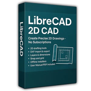 Puede incluir: Una caja de software de color verde azulado oscuro para LibreCAD 2D CAD. El frente muestra el texto LibreCAD 2D CAD, Create Precise 2D Drawings - No Subscriptions, y una lista de características que incluyen herramientas de dibujo 2D, importación y exportación DXF, capas y dimensiones, cuadrícula, instaladores sin conexión y un manual de usuario en PDF.