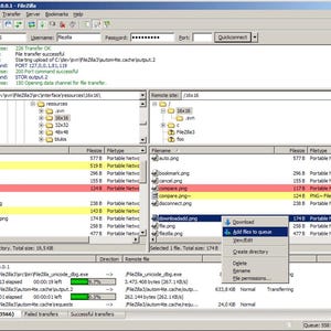 May include: A FileZilla software interface window displaying a file transfer session. The layout includes a top connection bar, local and remote directory trees, file lists with highlighted rows, and a bottom transfer queue showing progress bars.